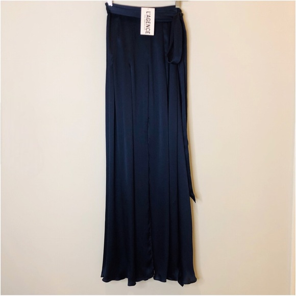 L'Agence Ocean 100% Silk Maxi Skirt High Slit Midnight Blue Small - Picture 2 of 16